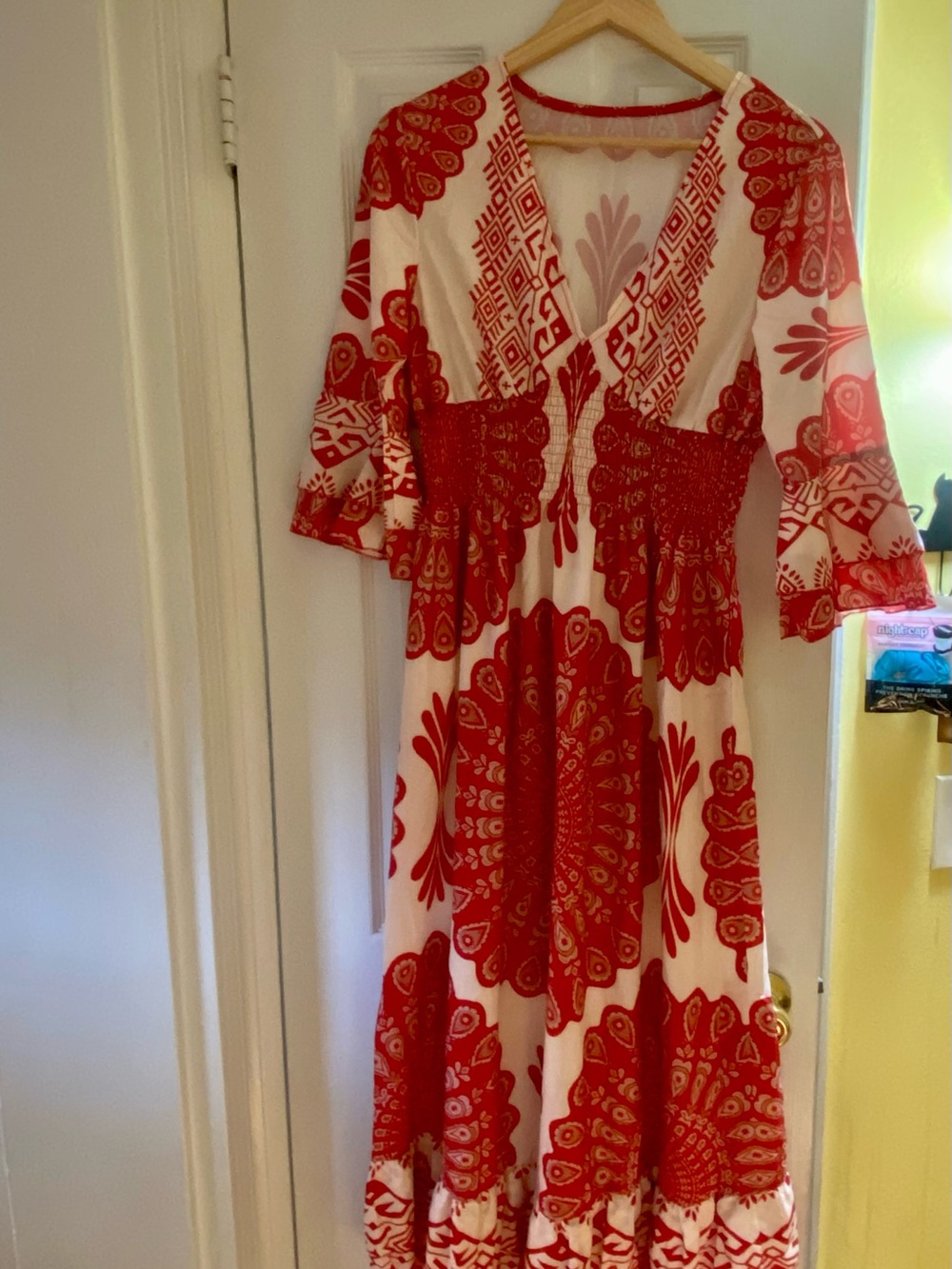 Red and White Patterned V-Neck Women's Dress - Picture 4 of 8